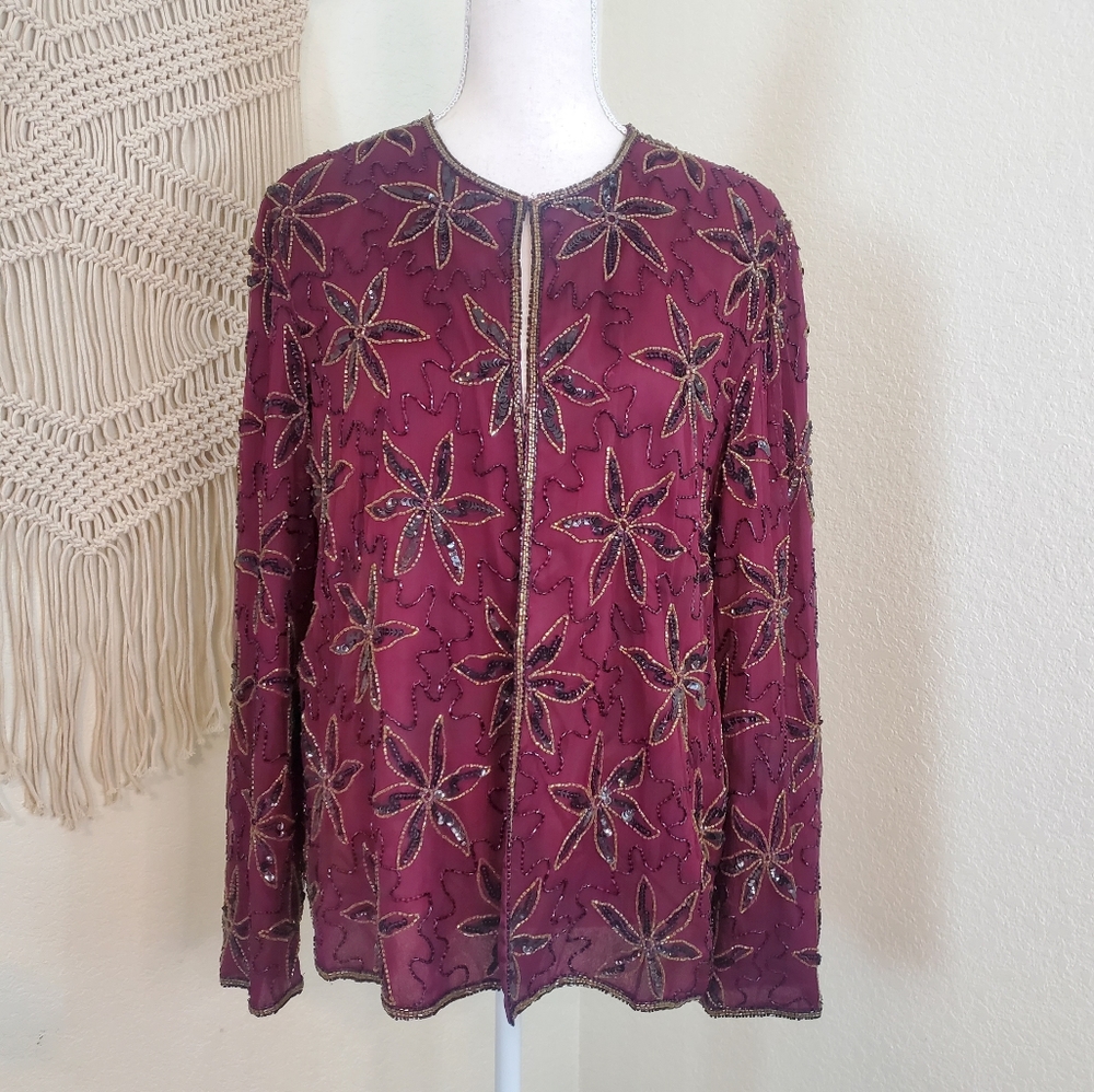Vintage 100% Silk Cardigan with Beading and Sequins! Size Large.